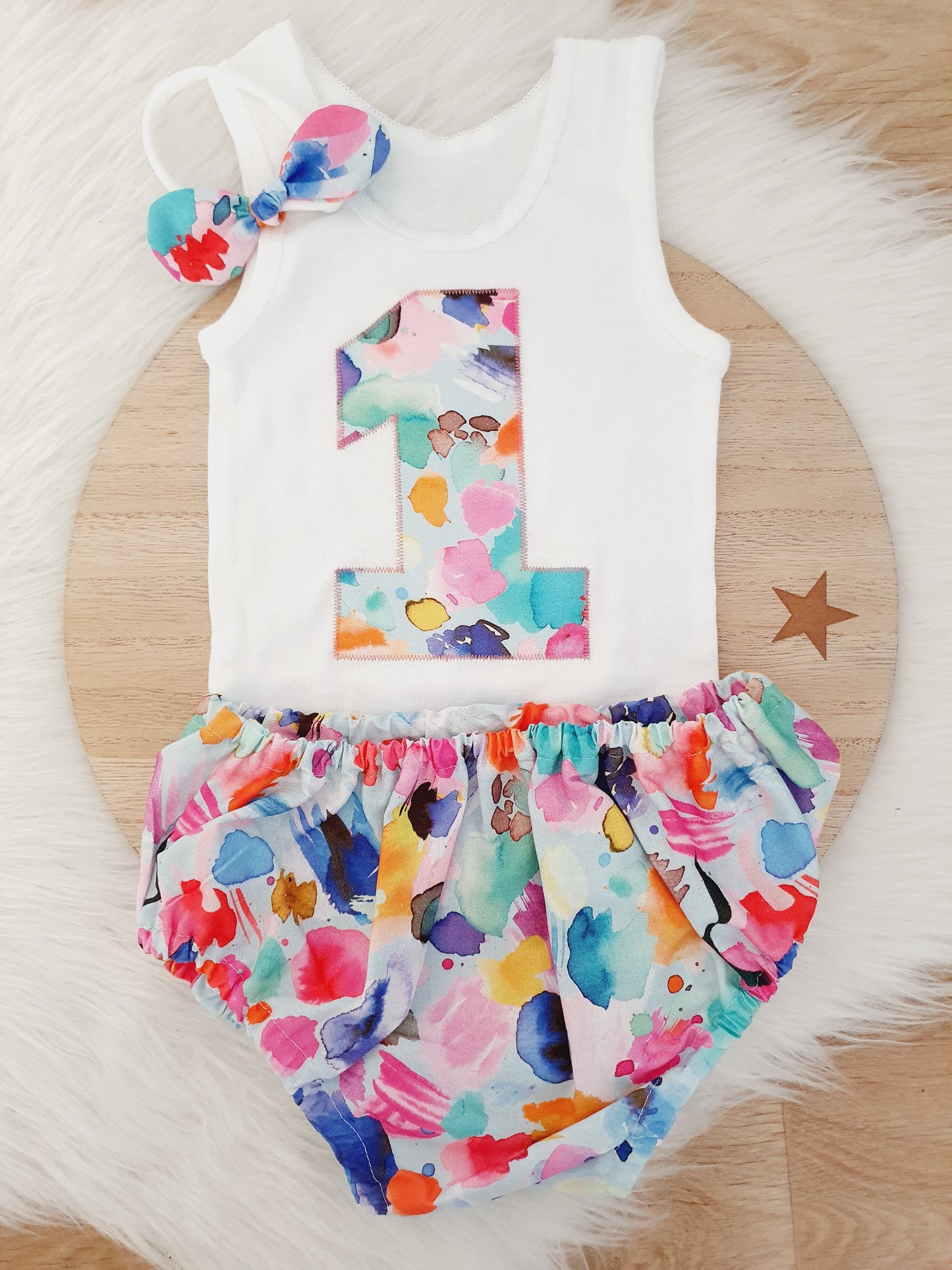 Girls 1st Birthday - Cake Smash Outfit, Size 1, Nappy Cover, Headband & Singlet Set, WATERCOLOURS