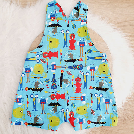 ALIENS print Overalls, Baby / Toddler Overalls, Short Leg Romper / Birthday / Cake Smash Outfit, Size 2