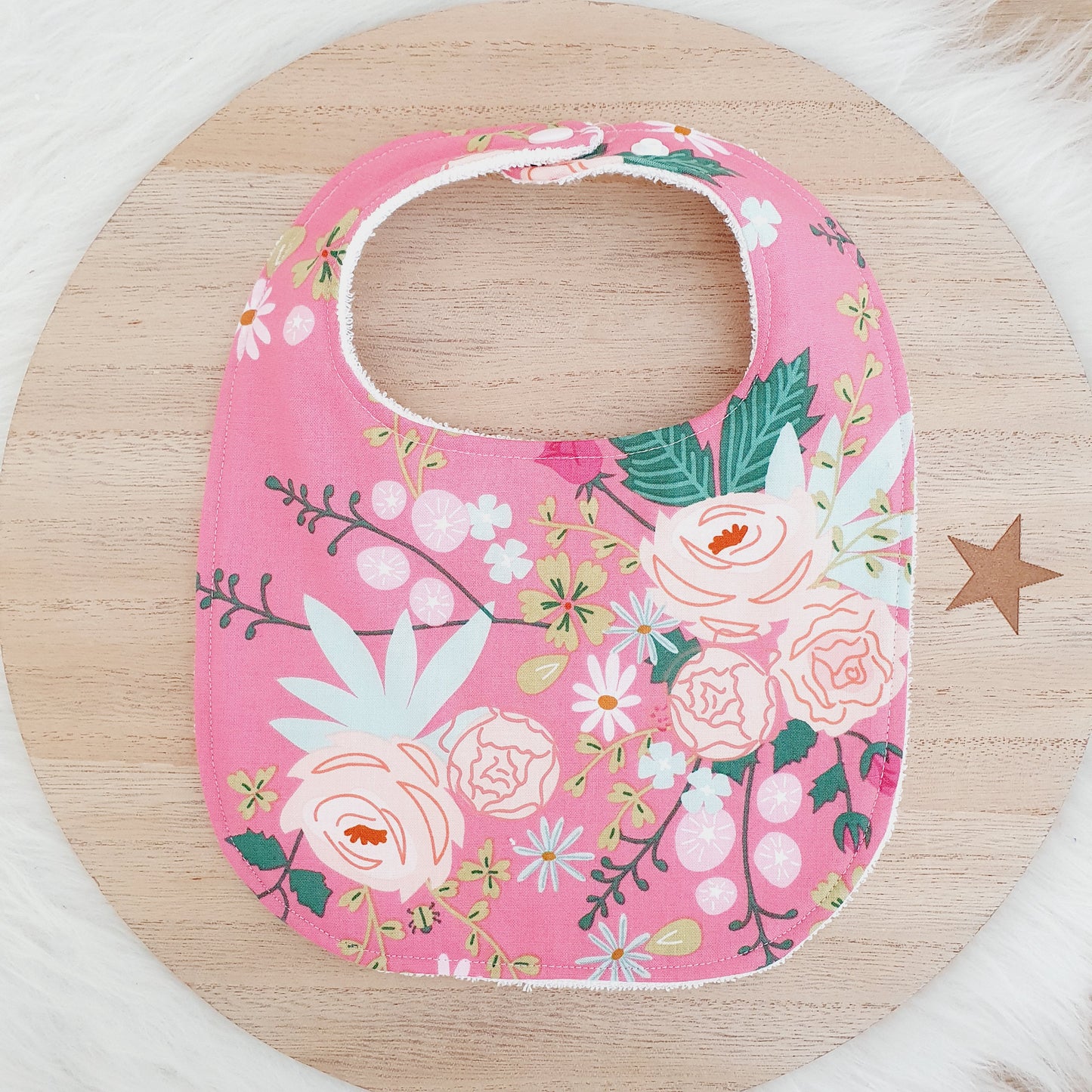 BLOOMS print Small Feeding Bib - Organic Bamboo Backed, Ultra Absorbent Bib