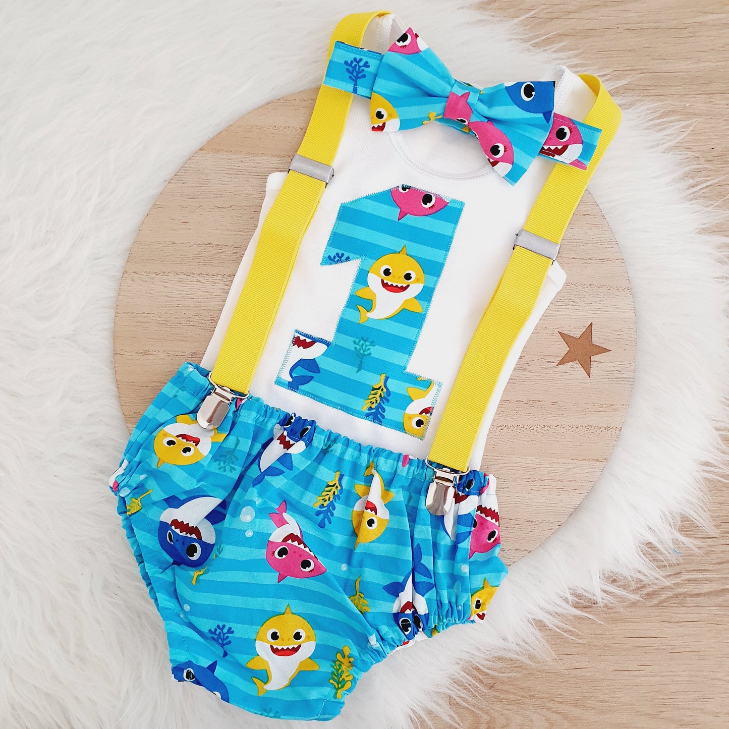 BABY SHARK Boys Cake Smash Outfit, First Birthday Outfit, Size 0, 4 Piece Set