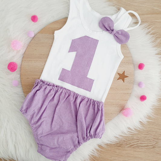 CHAMBRAY LILAC Girls 1st Birthday / Cake Smash Outfit, Size 1