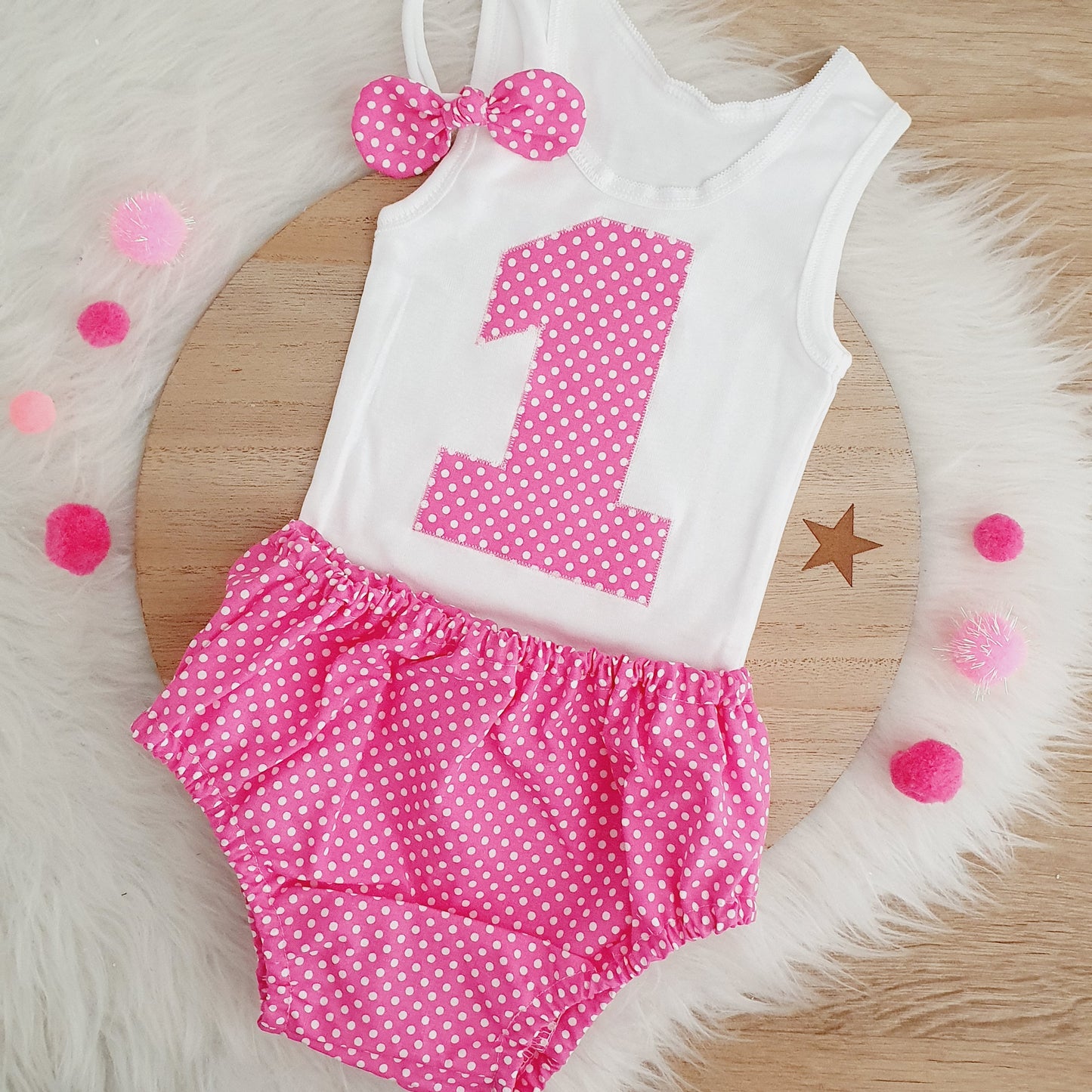 PINK AND WHITE DOT Girls 1st Birthday - Cake Smash Outfit, Size 1, Nappy Cover, Headband & Singlet Set