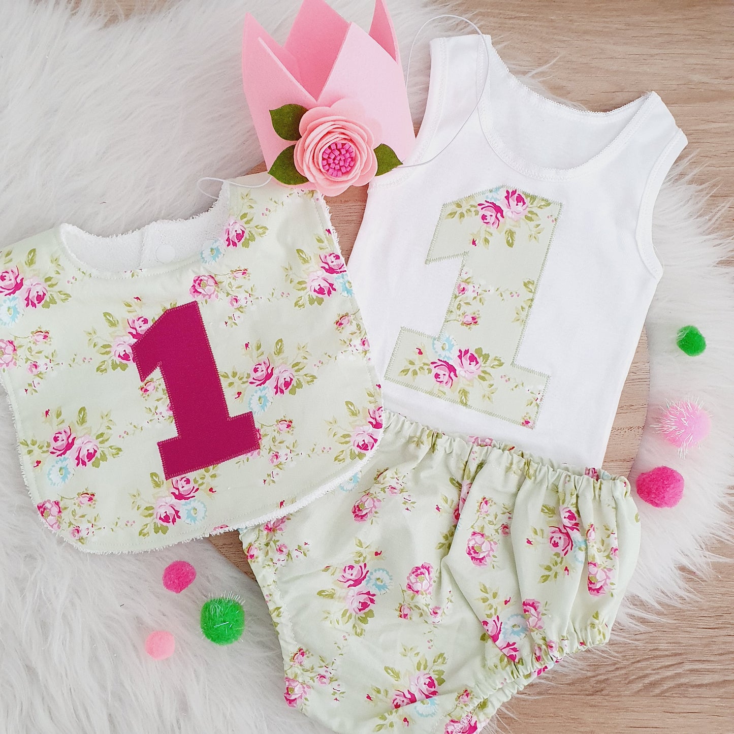 Girls 1st Birthday Outfit - Cake Smash Outfit, Size 1, Nappy Cover, Birthday Bib, Crown & Singlet Set, GREEN & PINK FLORAL