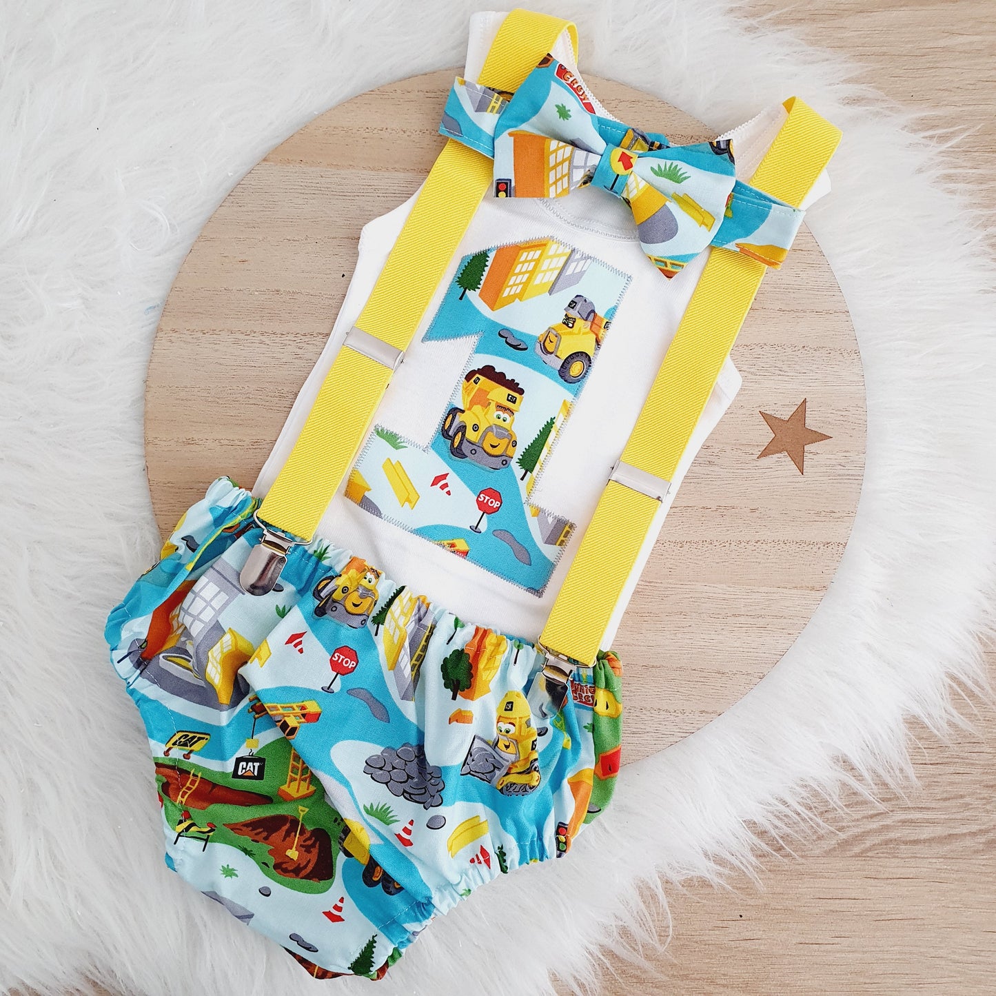 CAT CONSTRUCTION print Boys 1st Birthday - Cake Smash Outfit - Size 0, Nappy Cover, Tie, Suspenders & Singlet Set