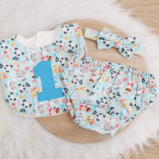 ANIMAL PARTY First Birthday Outfit, 1st Birthday, Cake Smash Outfit, Nappy Cover, Bow Tie & Bib Set, Size 0