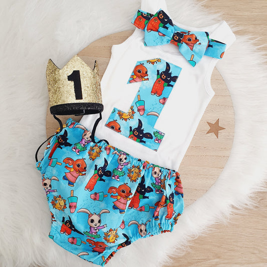 Bing Bunny print Boys 1st Birthday - Cake Smash Outfit - Size 1 - BING BUNNY print