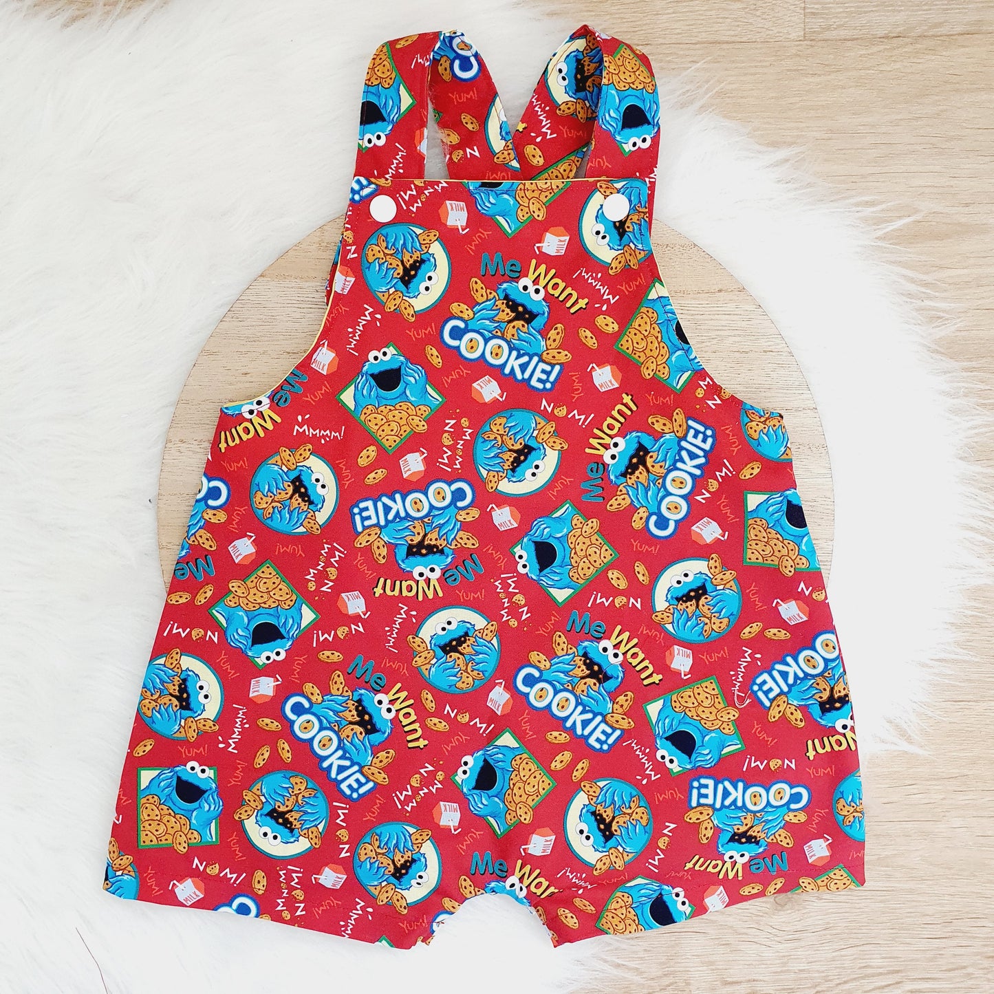 COOKIE MONSTER print Overalls, Baby Overalls, Short Leg Romper, Size 1