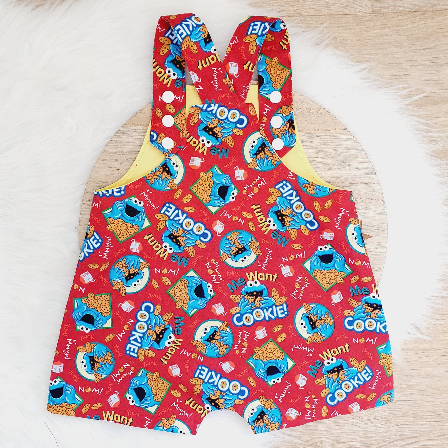 COOKIE MONSTER print Overalls, Baby Overalls, Short Leg Romper, Size 1