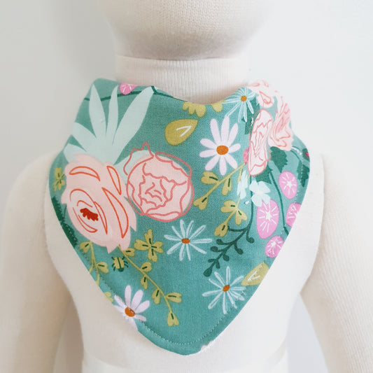 Bandana Dribble Bib - Bamboo Backed Ultra Absorbent Bib - BLOOMS ON GREEN