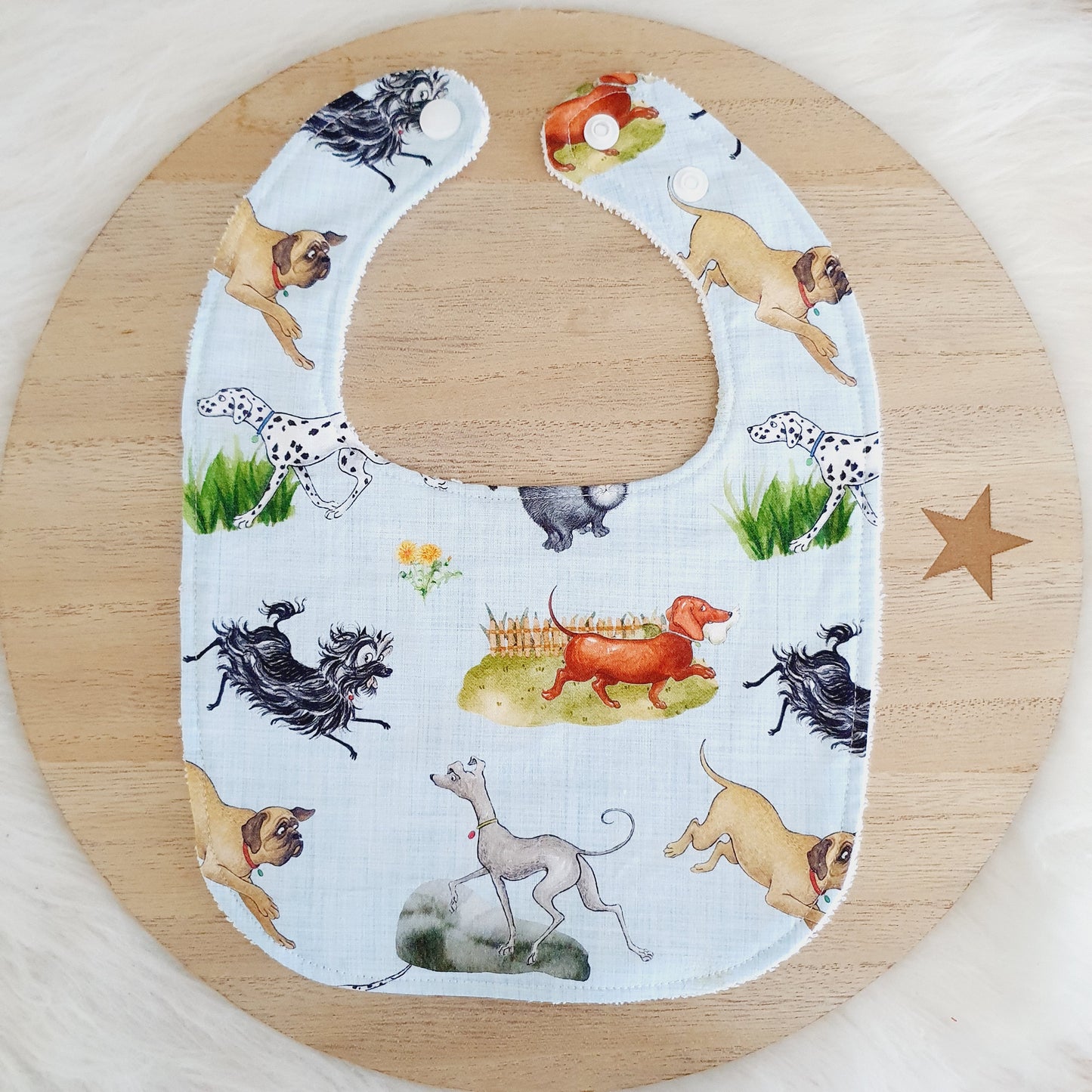 HAIRY MACLARY print Small Feeding Bib - Organic Bamboo Backed, Ultra Absorbent Bib