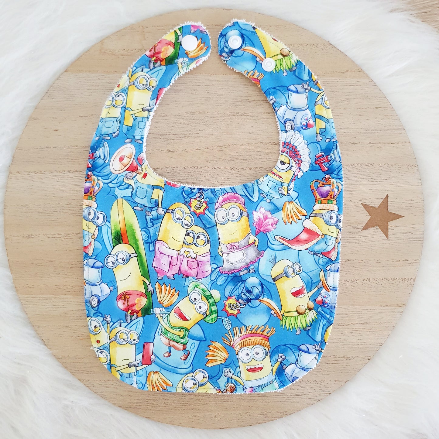 MINIONS print Small Feeding Bib - Organic Bamboo Backed, Ultra Absorbent Bib