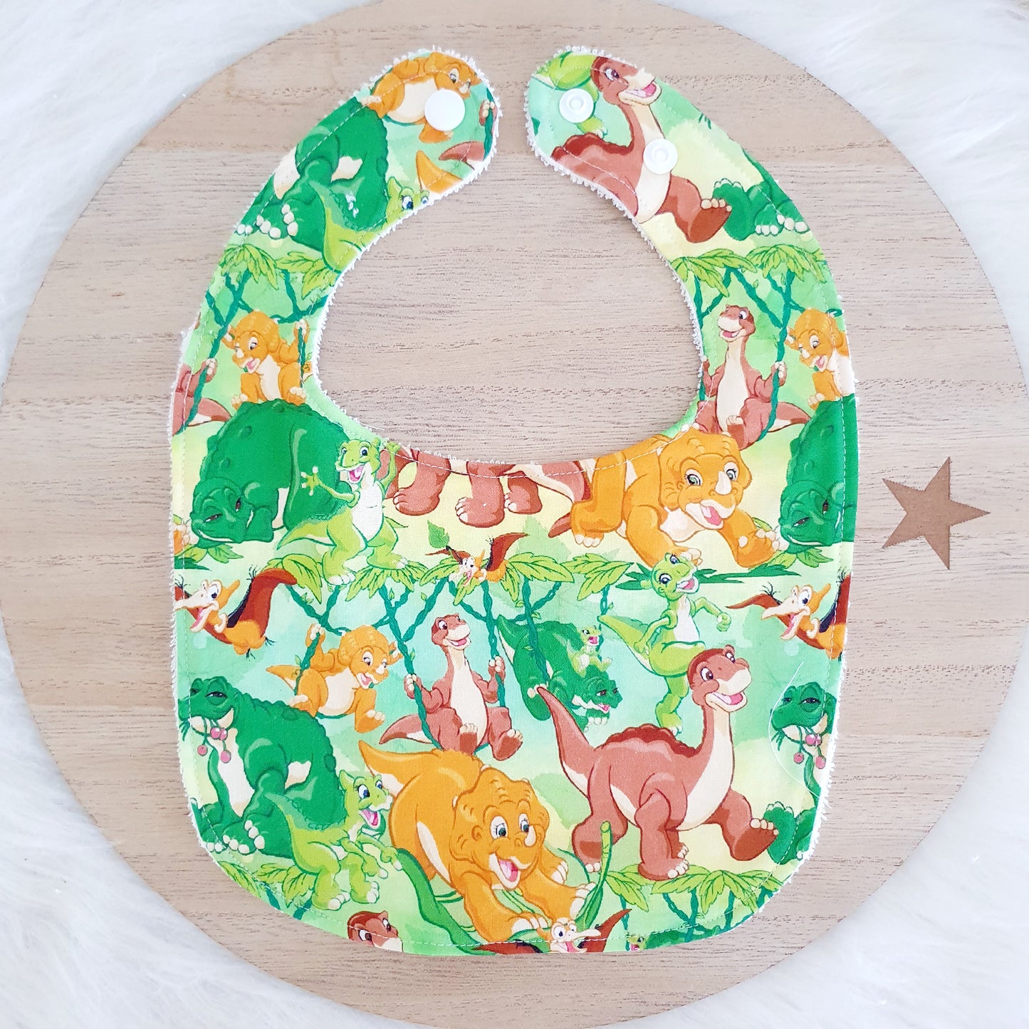 DINOSAUR print Small Feeding Bib - Organic Bamboo Backed, Ultra Absorbent Bib