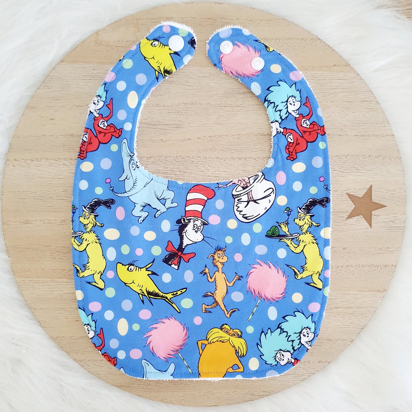 SEUSS print Small Feeding Bib - Organic Bamboo Backed, Ultra Absorbent Bib