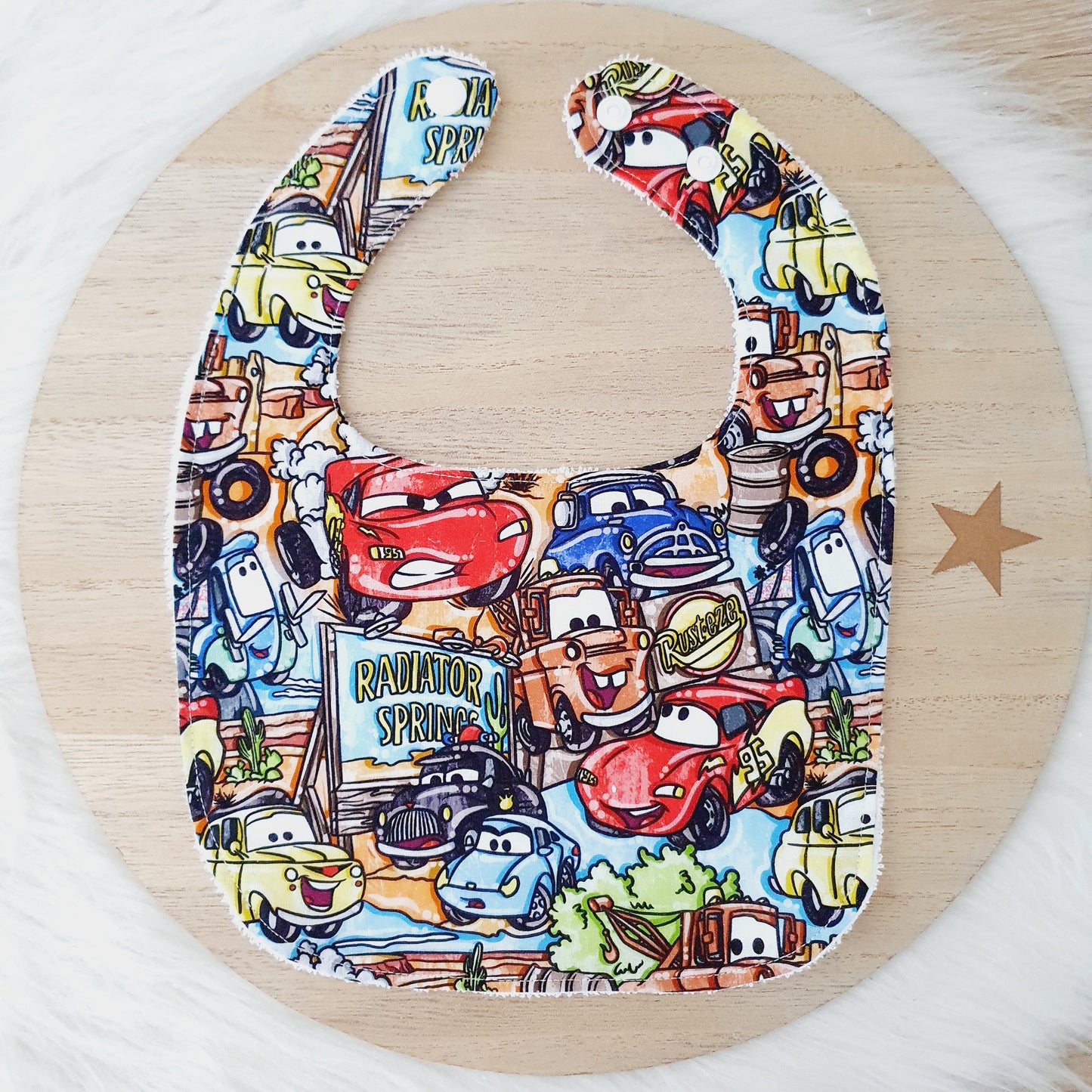 CARS print Small Feeding Bib - Organic Bamboo Backed, Ultra Absorbent Bib