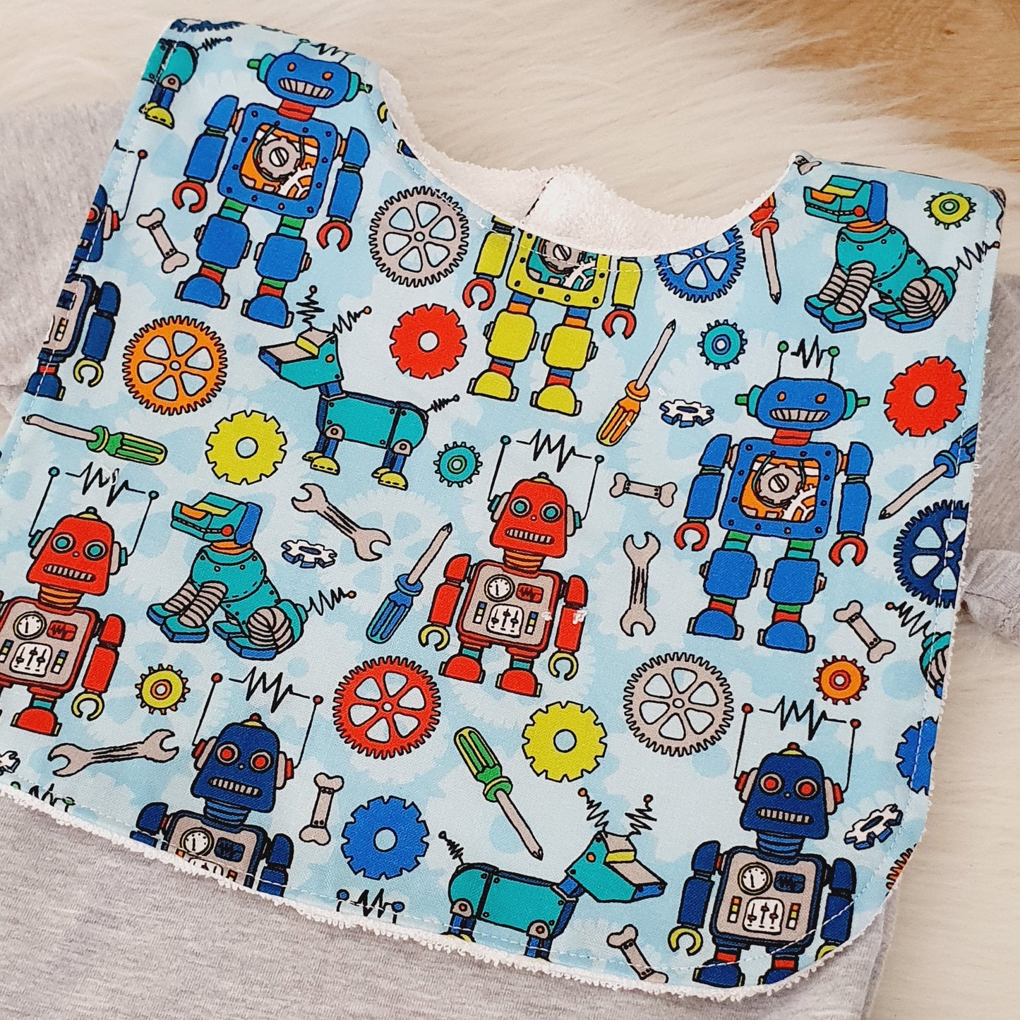 Bib, Handmade Baby Bib, Large Feeding Bib - Robots