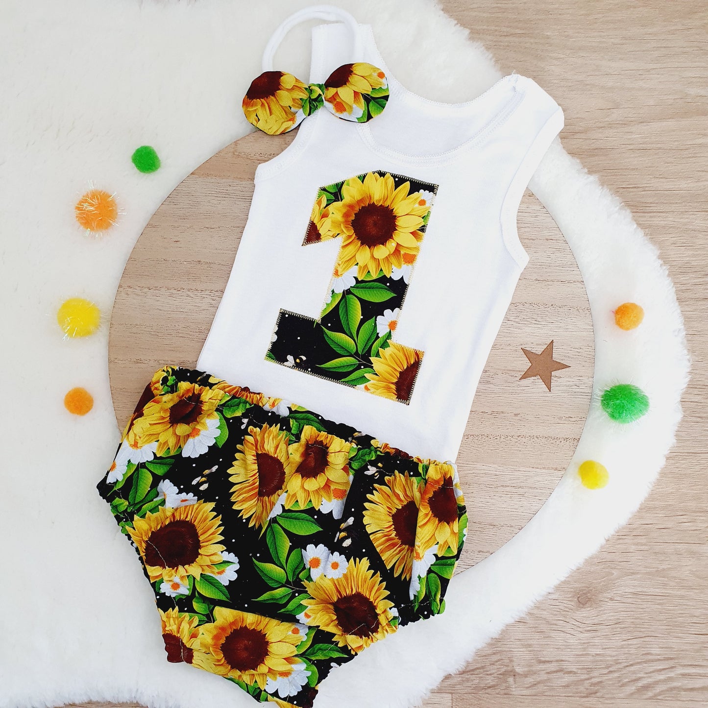 Sunflowers Girls Cake Smash Outfit / Girls 1st Birthday Outfit, Size 0