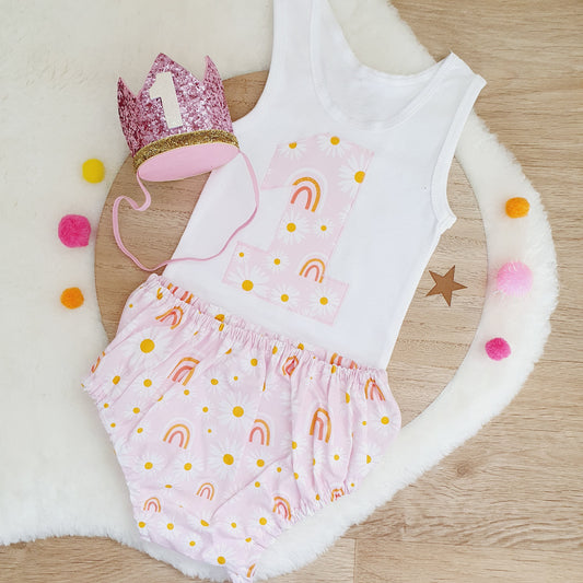 DAISIES & RAINBOWS Girls 1st Birthday - Cake Smash Outfit, Size 1