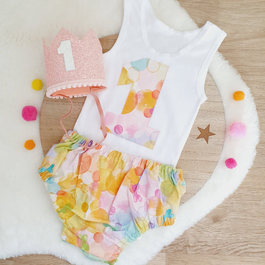 WATERCOLOURS Girls 1st Birthday - Cake Smash Outfit, Size 1