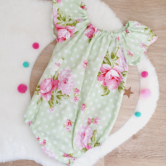 ROSES ON GREEN print Baby Girl Playsuit, Size 1, 1st Birthday / Cake Smash Outfit