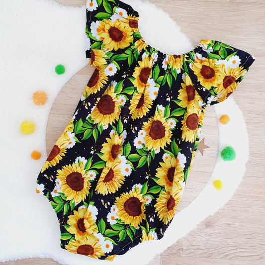 SUNFLOWERS print Baby Girl Playsuit, Size 1, 1st Birthday / Cake Smash Outfit