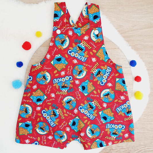 COOKIE MONSTER print Overalls, Baby Overalls, Short Leg Romper, Size 1