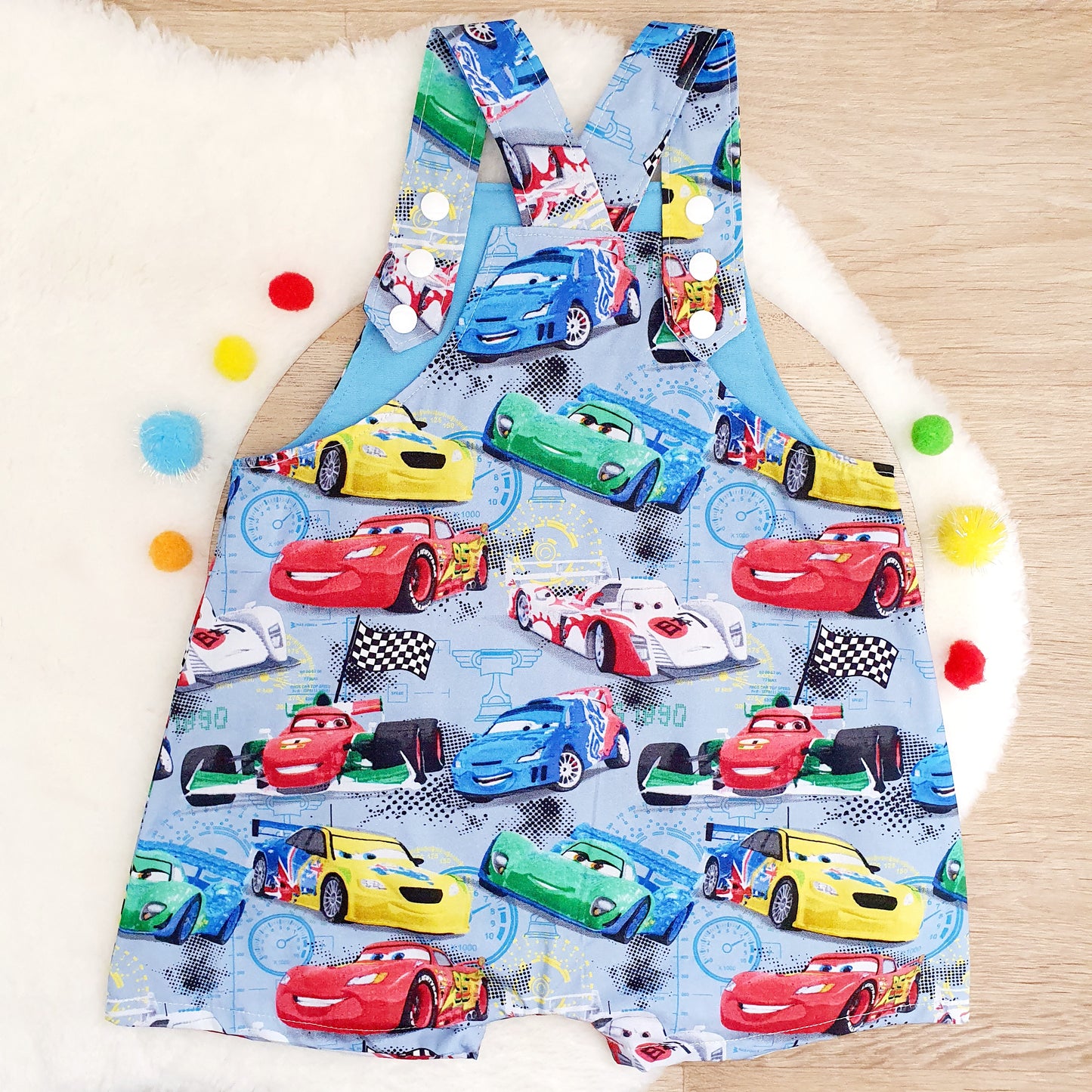 CARS print Overalls, Baby / Toddler Overalls, Short Leg Romper, Size 2