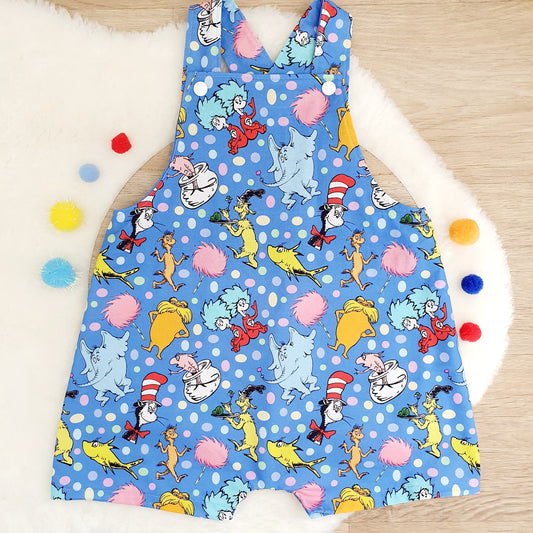 SEUSS print Overalls, Baby / Toddler Overalls, Short Leg Romper, Size 2