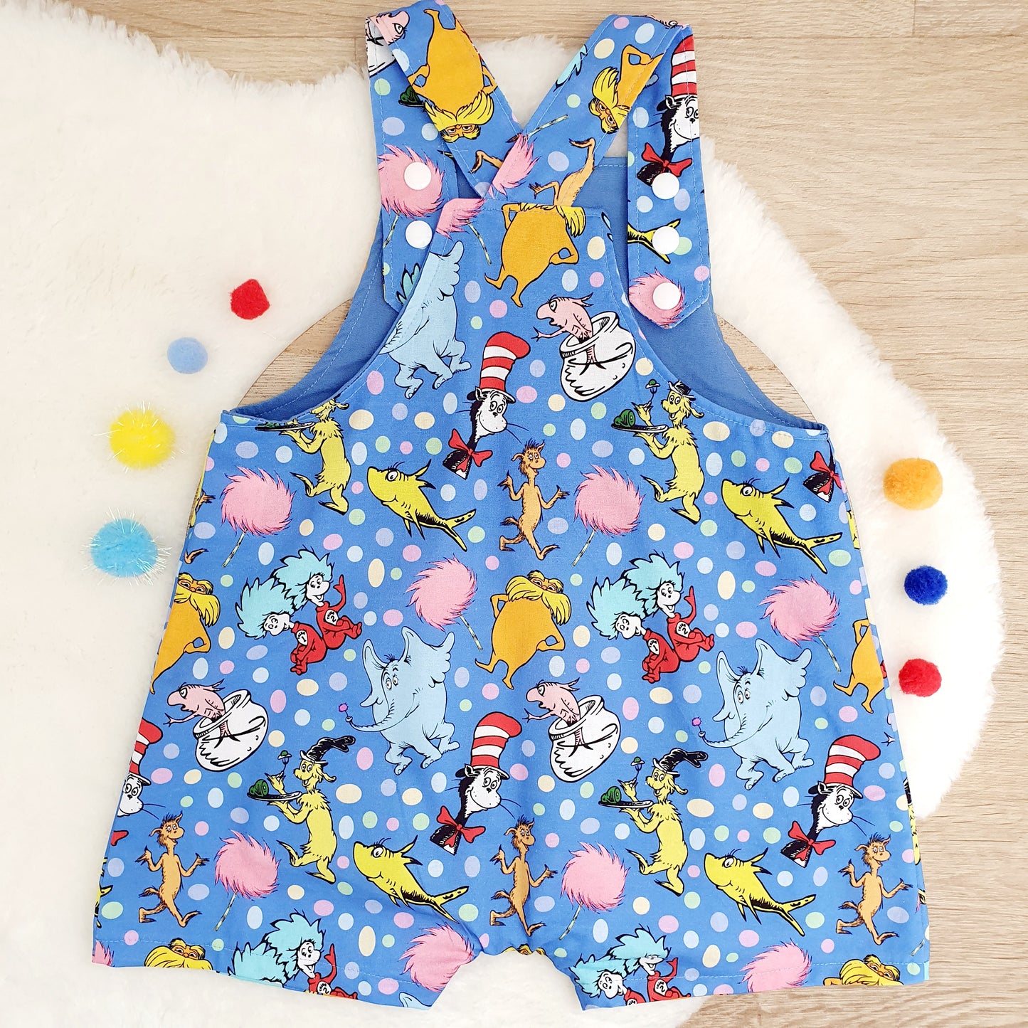 SEUSS print Overalls, Baby / Toddler Overalls, Short Leg Romper, Size 2