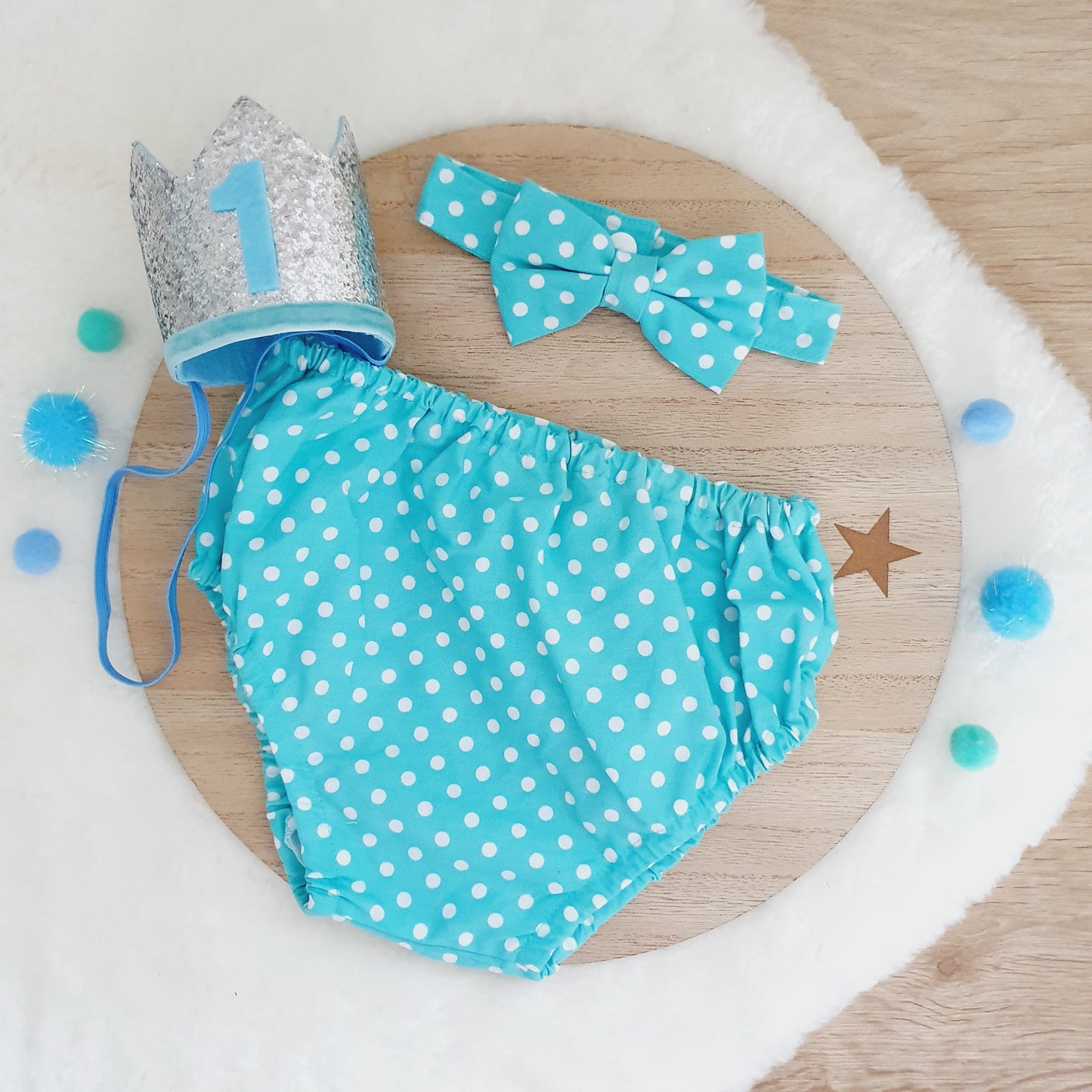 AQUA and WHITE DOT Cake Smash Outfit, Size 1,