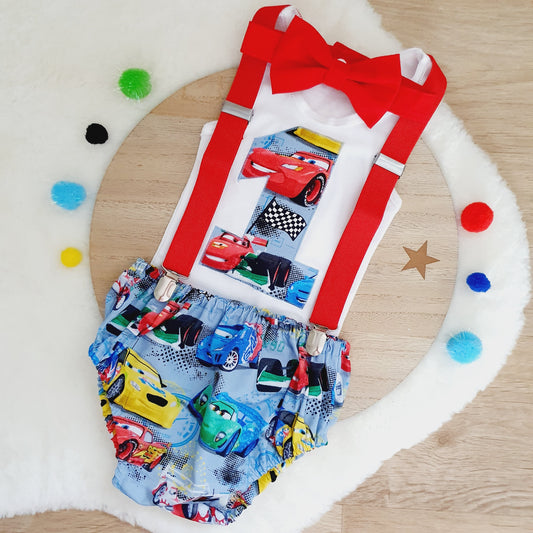 CARS print Boys 1st Birthday Outfit, Size 0