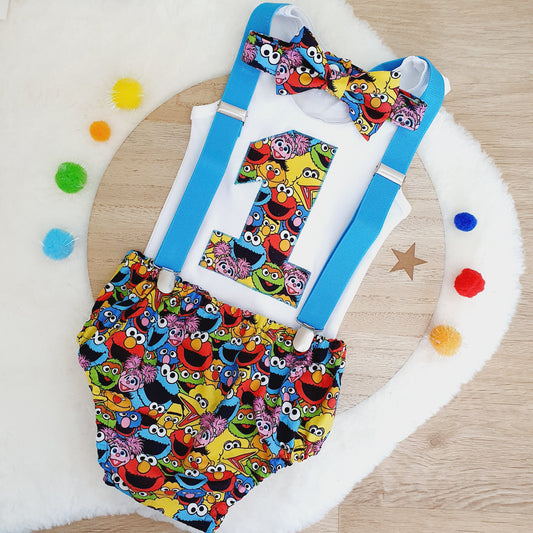 SESAME STREET print Boys 1st Birthday Outfit, Size 1