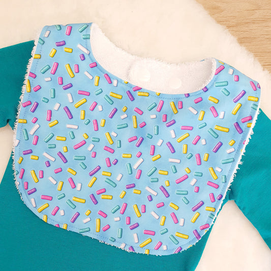 Bib, Handmade Baby Bib, Feeding Bib - Sprinkles on Blue print