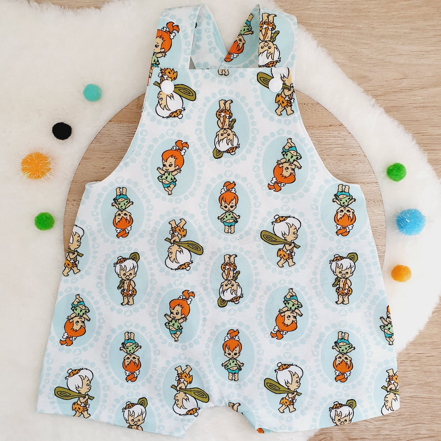 BAM BAM & PEBBLES print Overalls, Baby Overalls, Short Leg Romper, Size 1