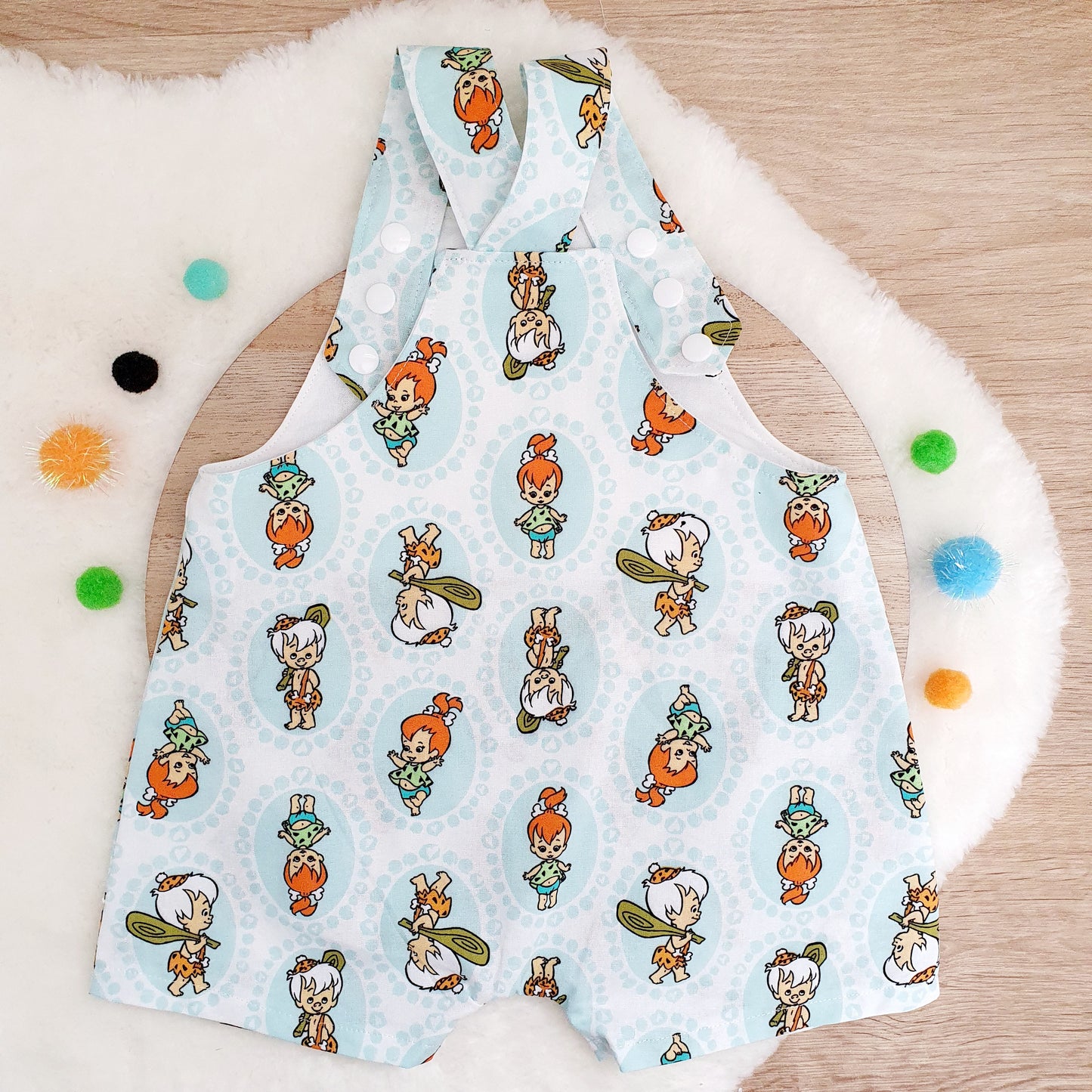 BAM BAM & PEBBLES print Overalls, Baby Overalls, Short Leg Romper, Size 1