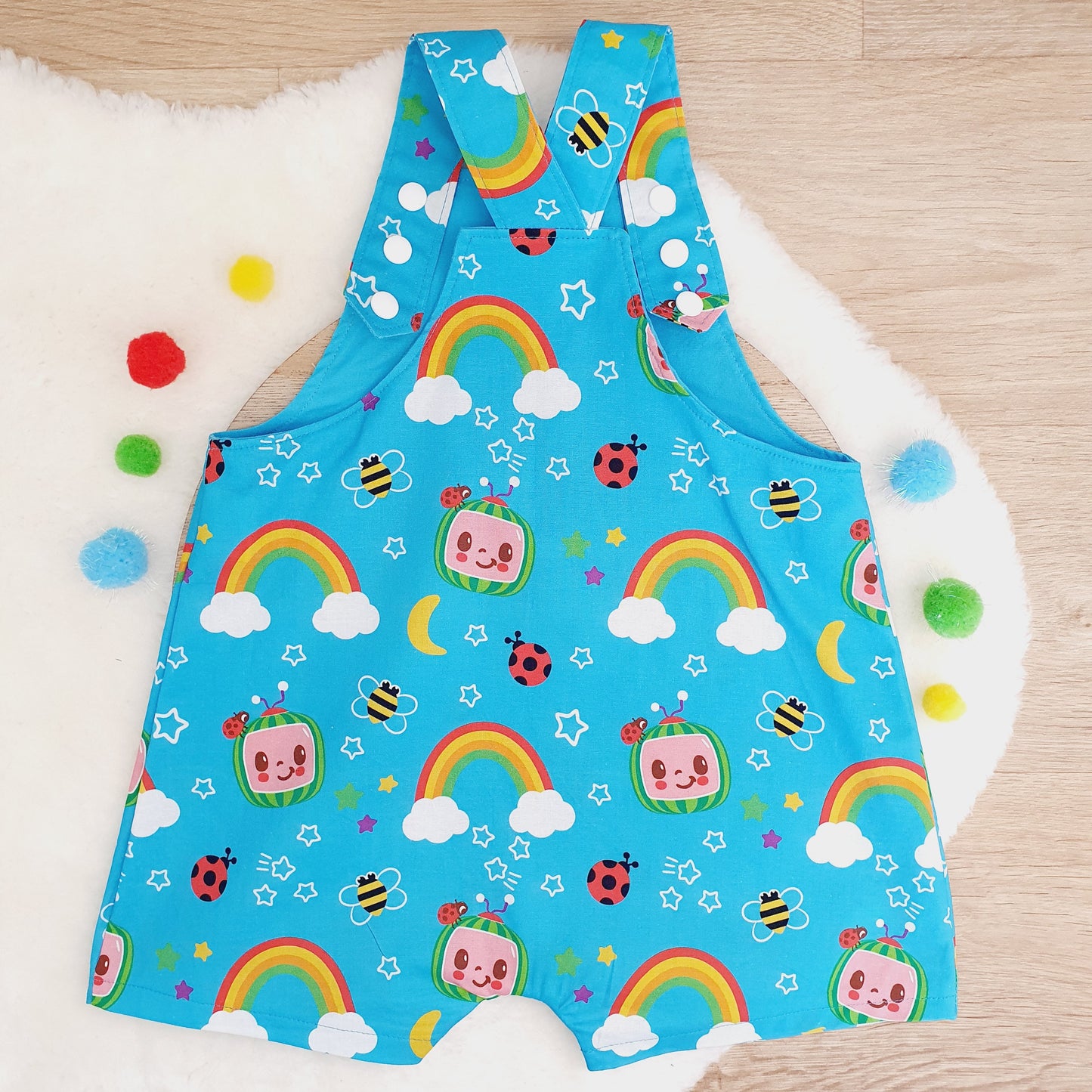 COCOMELON print Overalls, Baby / Toddler Overalls, Short Leg Romper, Size 2