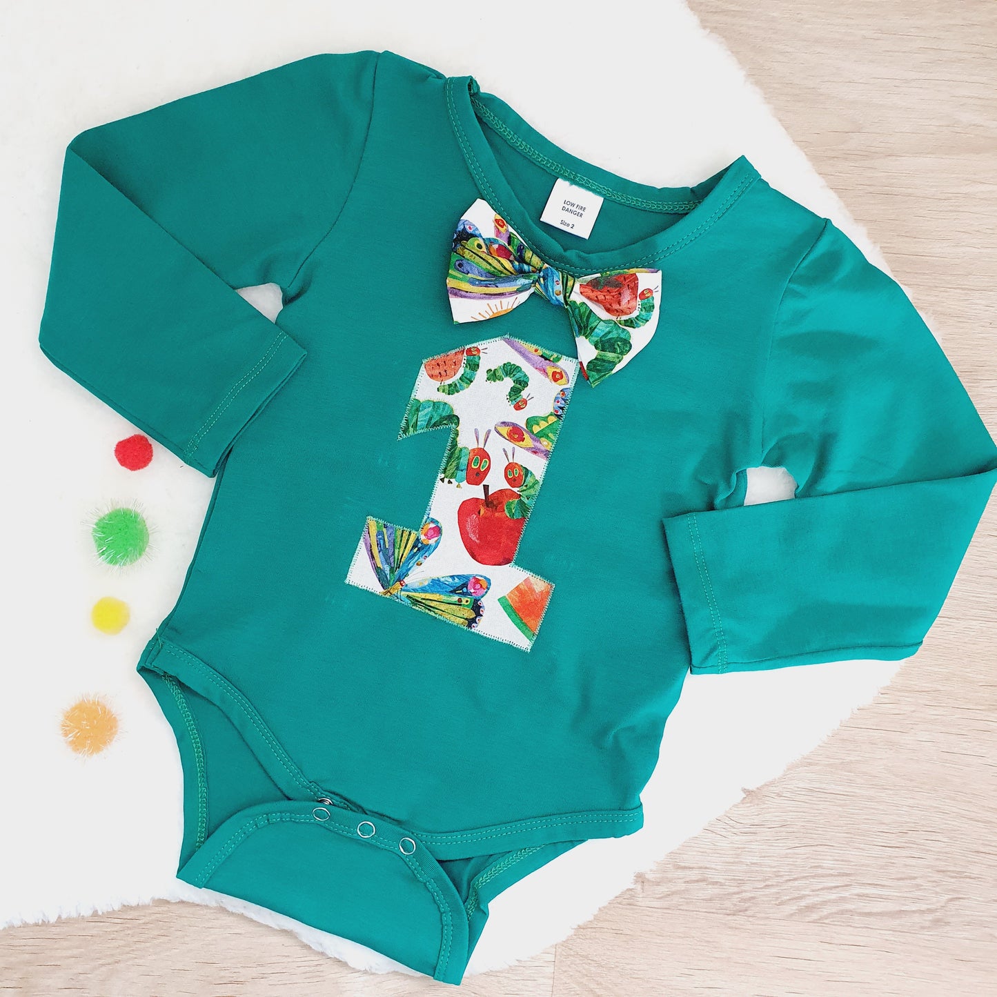 Boys 1st Birthday Long Sleeve Bodysuit, Size 2, Caterpillar print